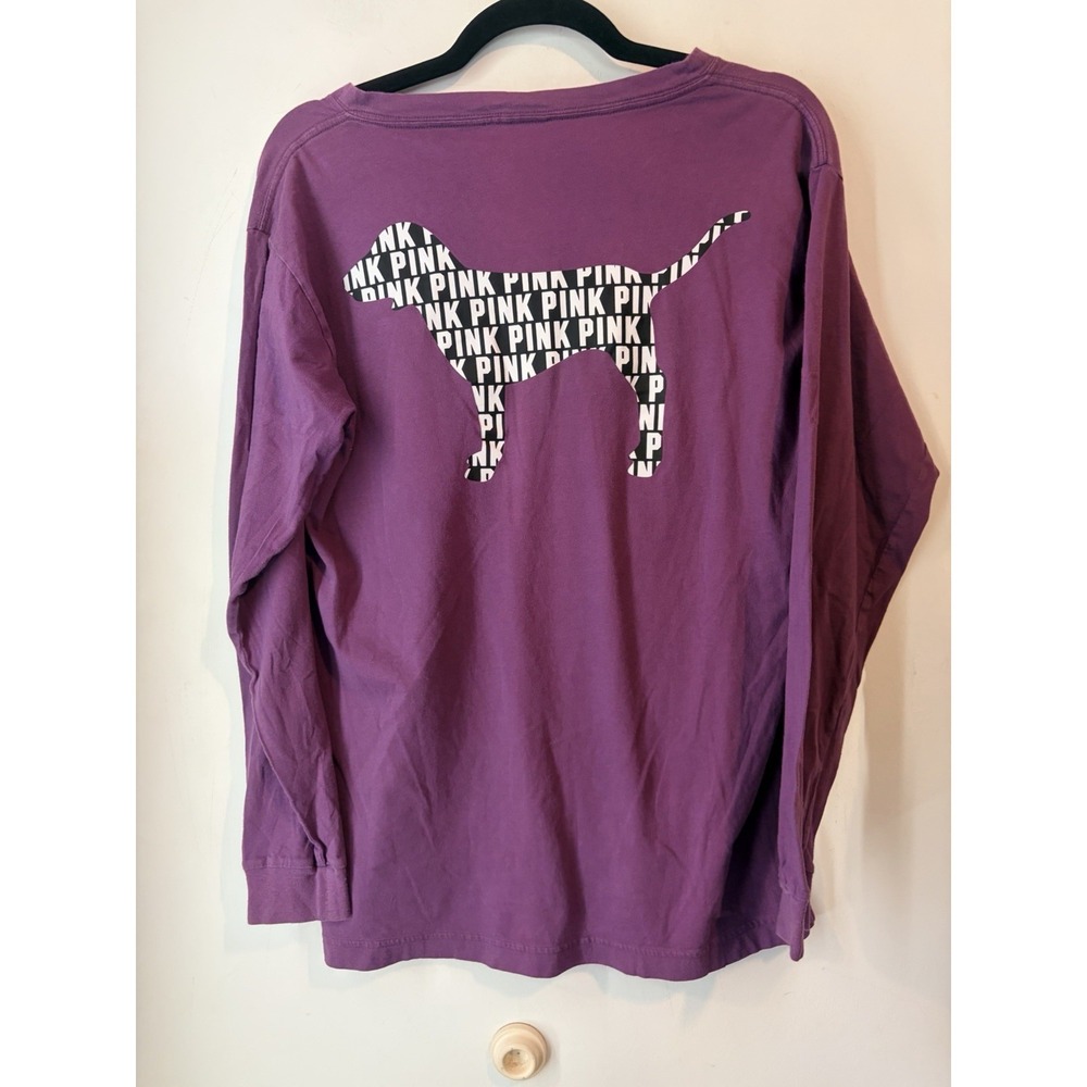 PINK Victoria's Secret Purple Campus Tee Long Sleeve Pocket Shirt Small Dog Logo